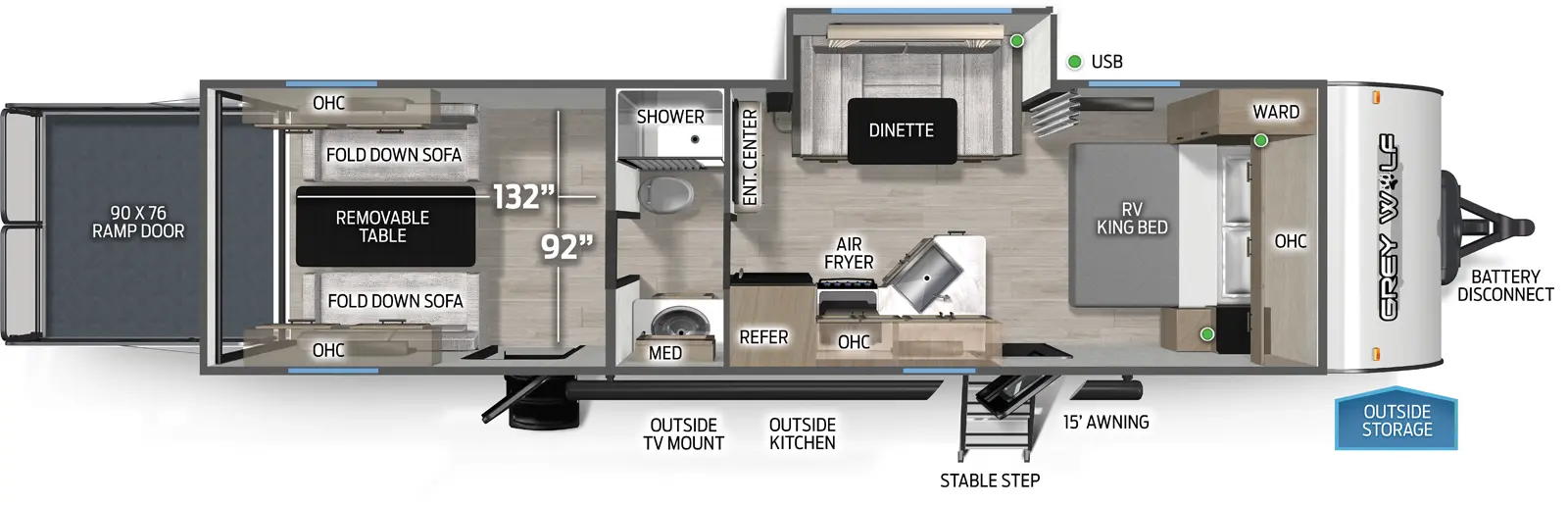 The Grey Wolf 27RR floorplan is a toy hauler that has two entries and one slide out. Exterior features include: metal exterior, 15' awning and outside kitchen. Interiors features include: u-dinette, front bedroom and pass through bathroom.